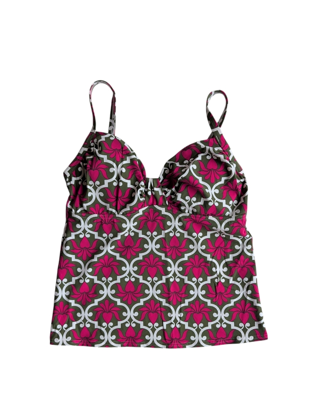 Lands' End V-Neck Underwire Tankini Swim Top 4DD Olive Green Pink White